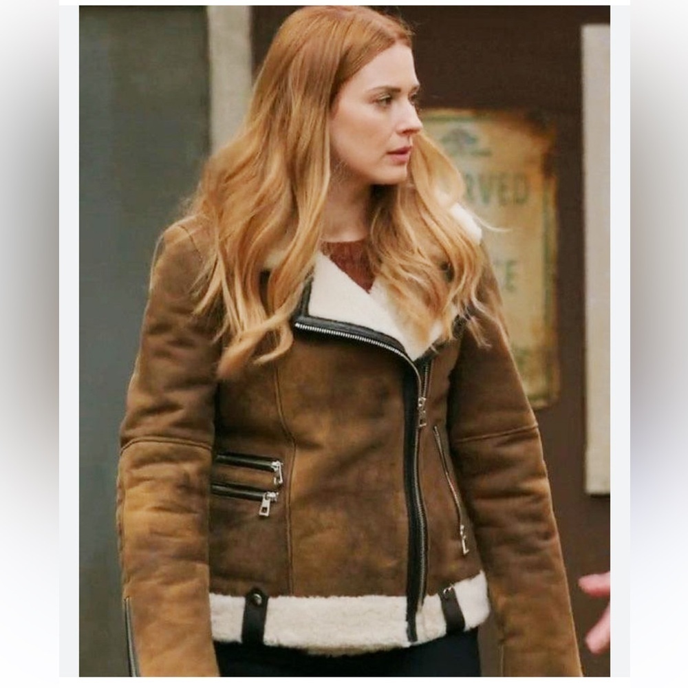 Celebs Leather Jackets Melinda Monroe Virgin River brown suede leather shearlin